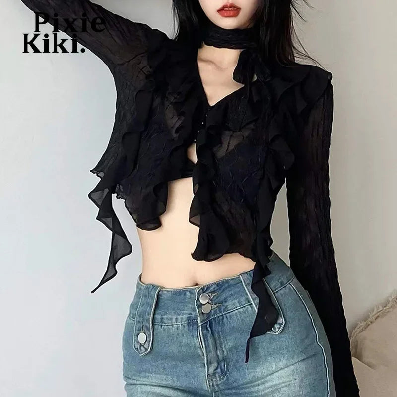 Mesh Sheer Black Shirts Y2k Fairy Grunge Irregular Hem Ruffled Flare Long Sleeve Crop Top Vintage Clothes P94-EZ20