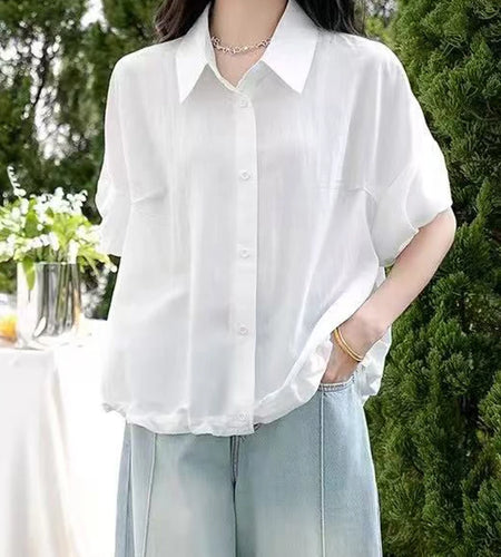 Women Blue Brief Pleated Big Size Thin Blouse New Lapel Short Puff Sleeve Shirt Fashion Tide Spring Summer 2025 1DJ1198