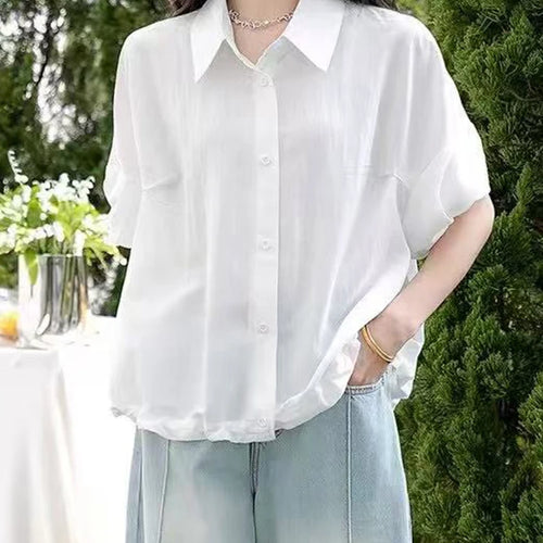 Load image into Gallery viewer, Women Blue Brief Pleated Big Size Thin Blouse New Lapel Short Puff Sleeve Shirt Fashion Tide Spring Summer 2025 1DJ1198
