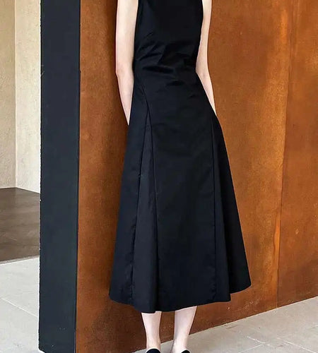 Women Black Pleated Elegant Pleated Long A-line Dress New Round Neck Sleeveless Fashion Tide Spring Summer 2025 1DH6117