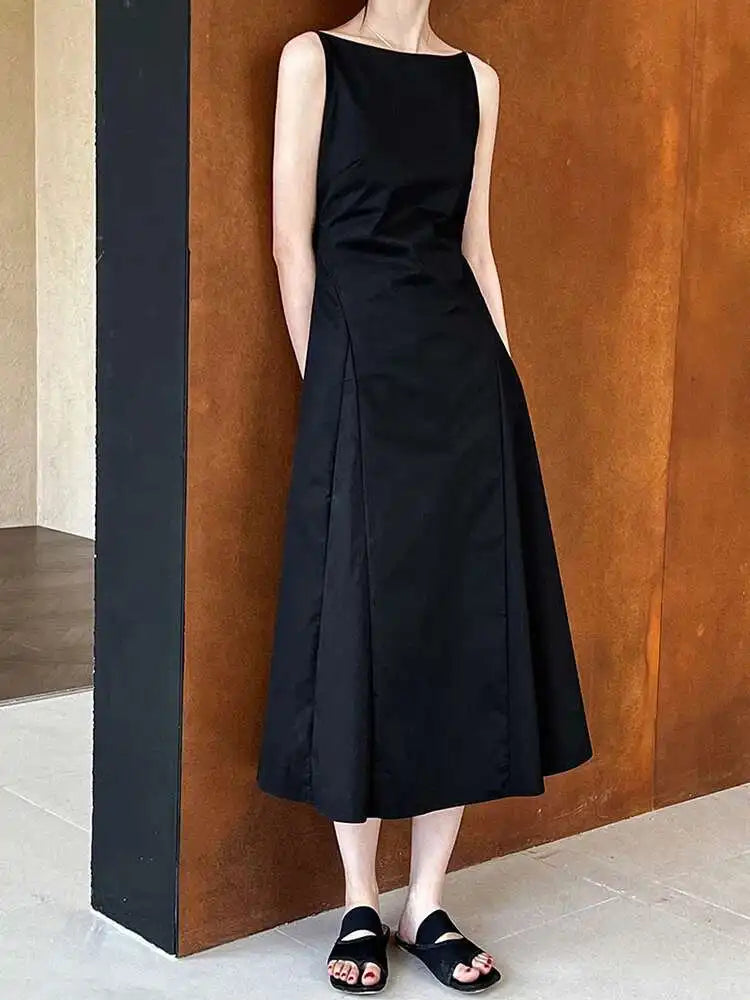 Women Black Pleated Elegant Pleated Long A-line Dress New Round Neck Sleeveless Fashion Tide Spring Summer 2025 1DH6117