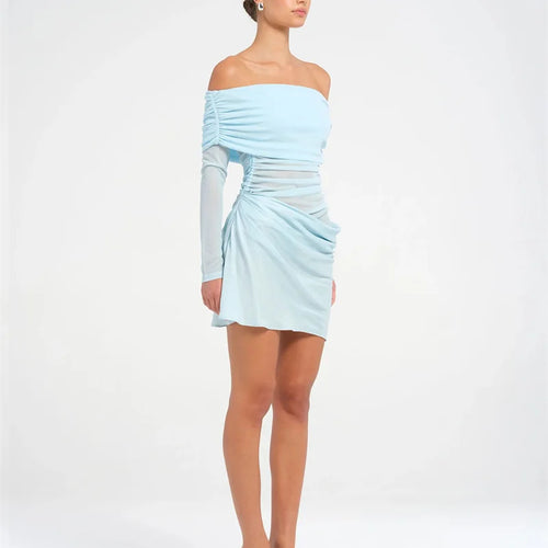 Load image into Gallery viewer, Hollow Out Off-shoulder Sexy Mini Dress Women Fashion Patchwork Strapless Long Sleeve Backless Ruched Club Dress
