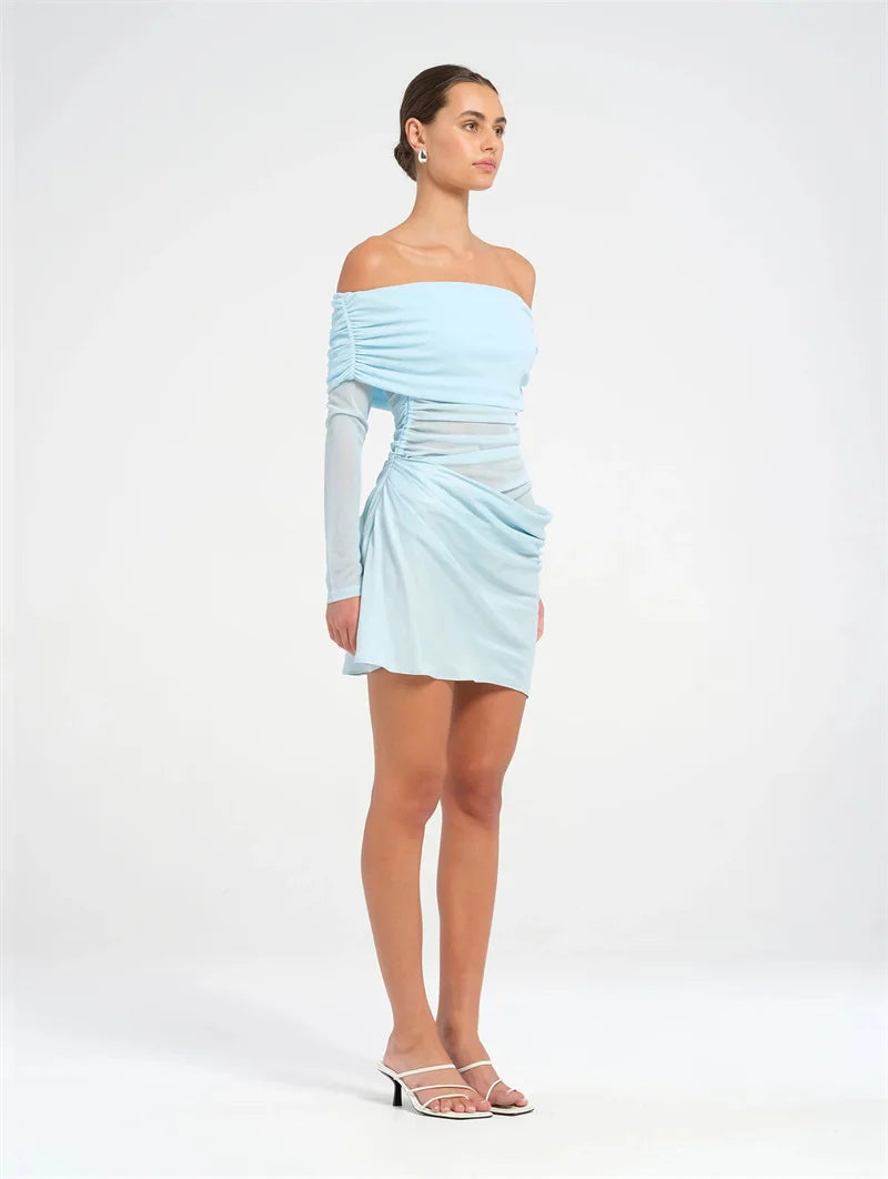 Hollow Out Off-shoulder Sexy Mini Dress Women Fashion Patchwork Strapless Long Sleeve Backless Ruched Club Dress