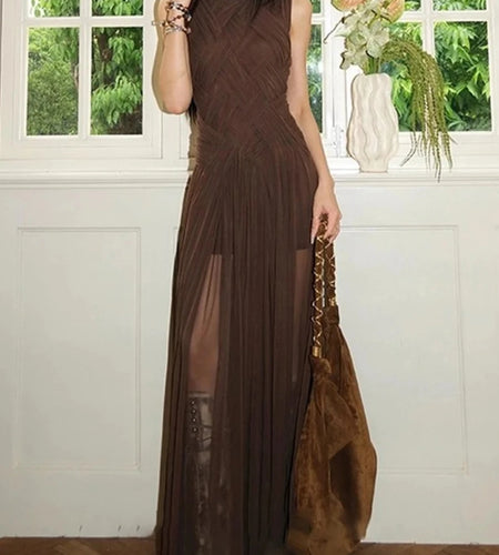 Slimming Sheer Spliced Shirring Fashion Dresses for Women Round Neck Sleeveless Split Elegant Dress Female Clothing