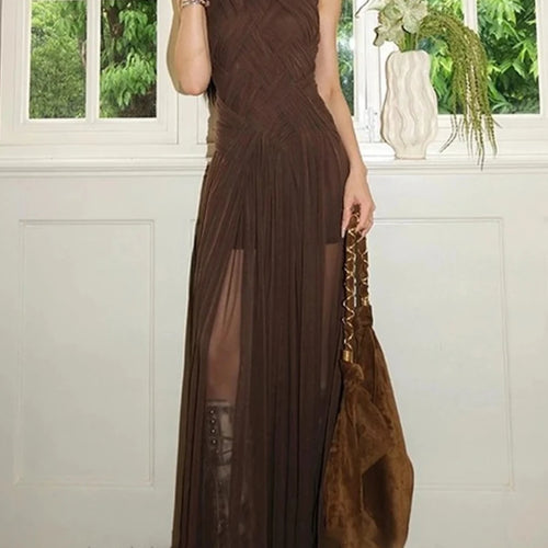 Load image into Gallery viewer, Slimming Sheer Spliced Shirring Fashion Dresses for Women Round Neck Sleeveless Split Elegant Dress Female Clothing
