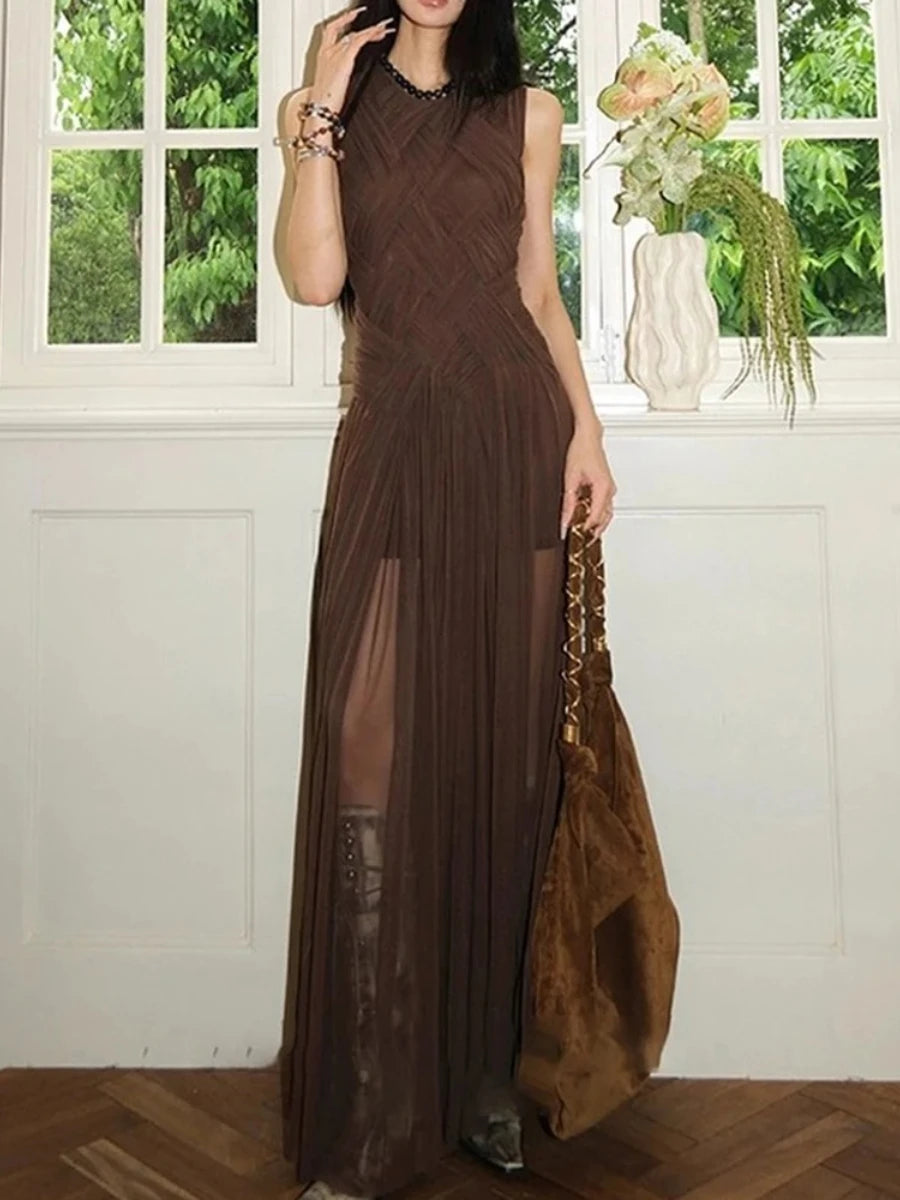 Slimming Sheer Spliced Shirring Fashion Dresses for Women Round Neck Sleeveless Split Elegant Dress Female Clothing