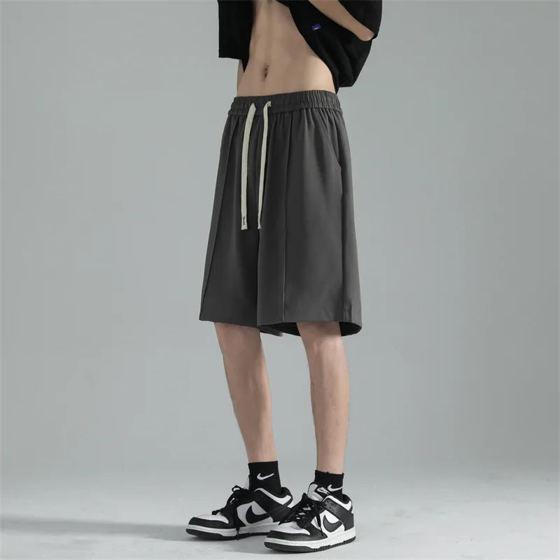 Men's Suit Shorts Ice Silk Solid Color Elastic Waist Pants Summer Casual Fashion Male Clothing Lace-up Design 2025 9W1350