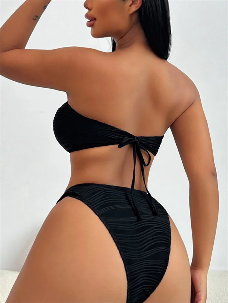 Off Shoulder Swimwear Bandeau Metal Rings Bikini Sets 2024 Sexy Women Swimsuit Brazilian Biquini Bathing Suit