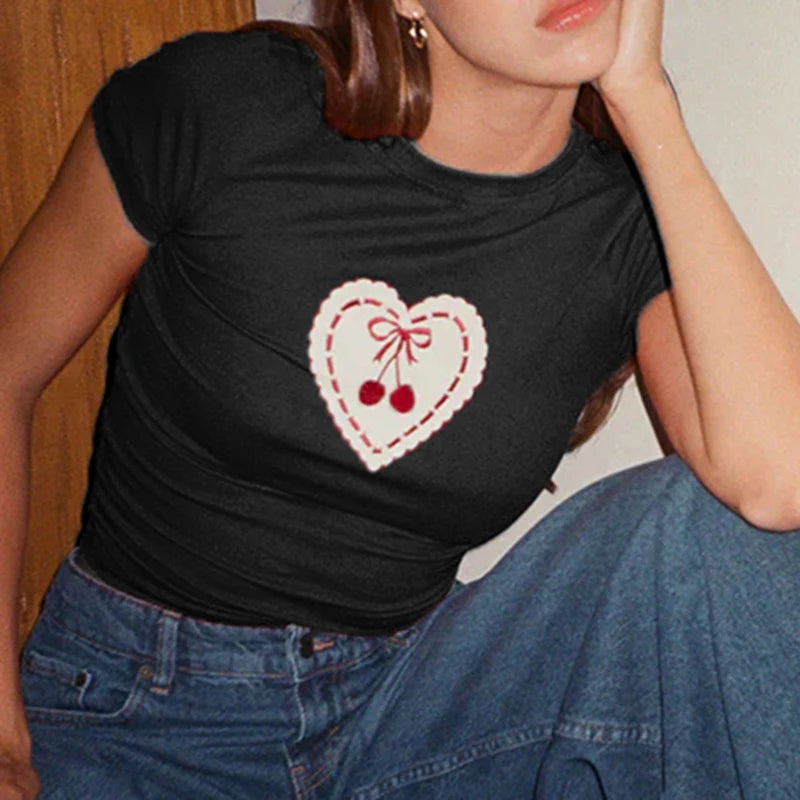 Casual Heart Cherry Print Crop Top Tee Cutecore Korean Style Short Sleeve T-shirts for Female Preppy Style Gilrs Y2K