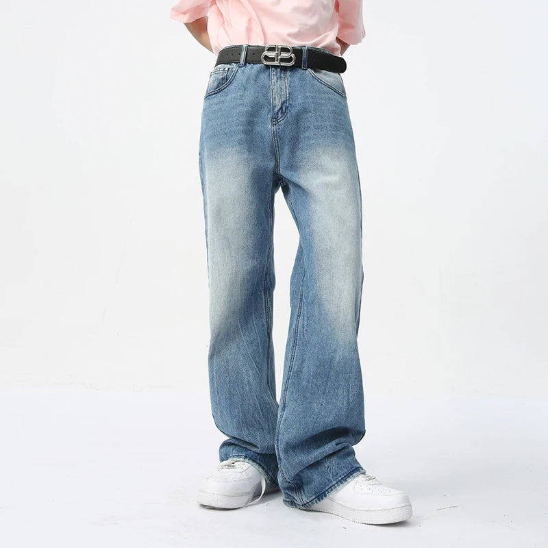 Men's Wear Jeans Straight Washed Casual Loose Solid Color Men Denim Pants 2024 New Fashion Summer Wide Leg Trousers 9C5729