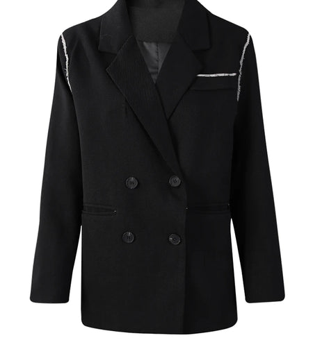 Women Black Color-block Burr Big Size Elegant Blazer New Lapel Long Sleeve Jacket Fashion Tide Spring Autumn 2025 1DH9734