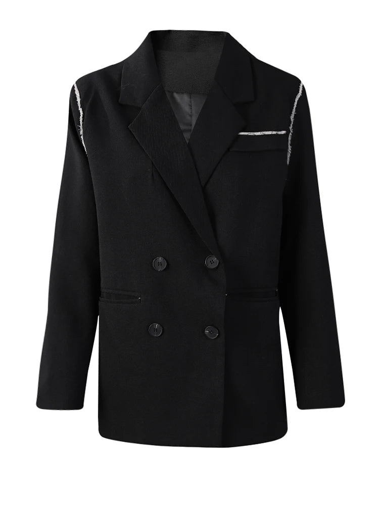 Women Black Color-block Burr Big Size Elegant Blazer New Lapel Long Sleeve Jacket Fashion Tide Spring Autumn 2025 1DH9734
