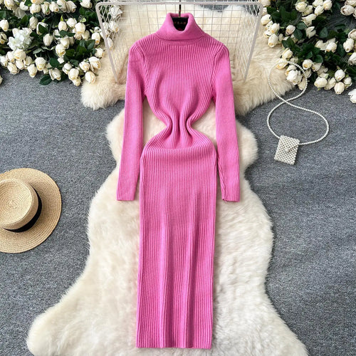 Load image into Gallery viewer, Korean Women Solid High Neck Straight Dresses Autumn Winter Slim Long Sleeve Office Knitted Dress Ladies Simplicity Popular Chic
