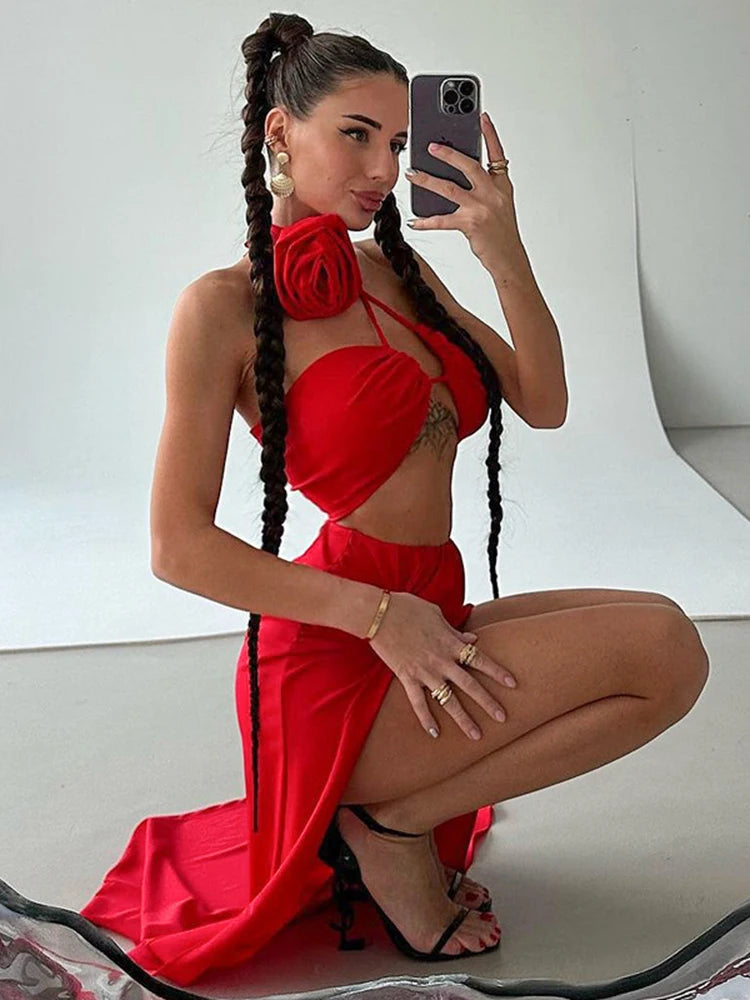 Flower Decoratio Lace Wrap Chest Sexy Temperament Split Longuette Summer Women's NewDress Evening Two-Piece Dress