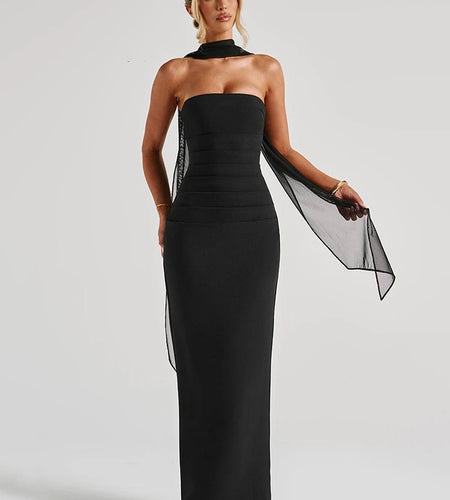 Scarf Collar Strapless Sexy Maxi Dress For Women Fashion Off-shoulder Backless Bodycon Club Party Long Dress Elegant
