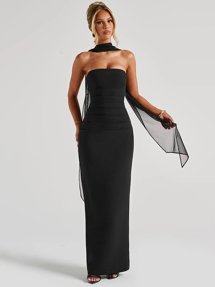 Scarf Collar Strapless Sexy Maxi Dress For Women Fashion Off-shoulder Backless Bodycon Club Party Long Dress Elegant
