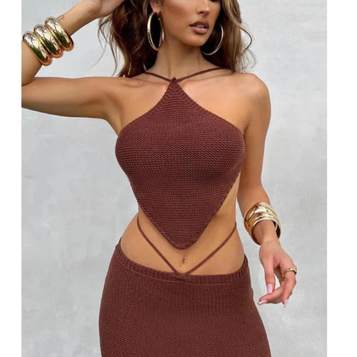 Load image into Gallery viewer, Sexy Knitted Women Two Piece Set Hanging Collar Backless Vest CropTop Slim Fit Mini Skirt Set Charming Beach Party Suit
