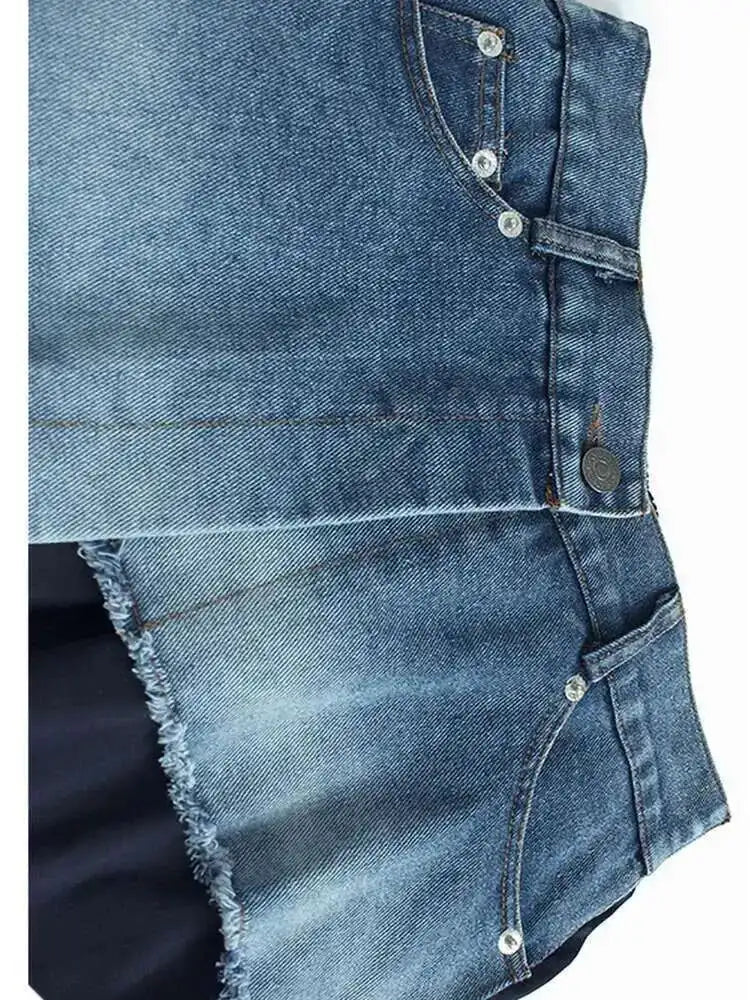 High Waist Khaki Denim Pleated Burr Color-block Midi Half-body Skirt Women Fashion Tide New Spring Autumn 2025 1DH5784