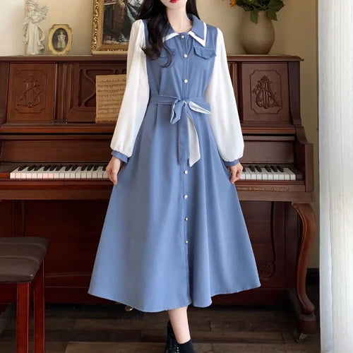 Load image into Gallery viewer, Japanese Preppy Style School Student Midi Dress Sweet Harajuku Korean Kpop Long Sleeve Dresses Party Vintage Autumn
