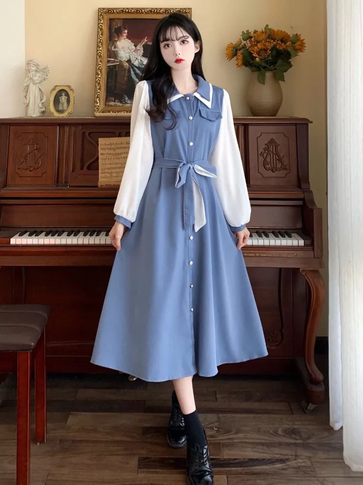 Japanese Preppy Style School Student Midi Dress Sweet Harajuku Korean Kpop Long Sleeve Dresses Party Vintage Autumn