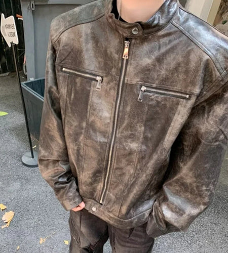 PU Leather Jackets New Fashion Tide Round Collar Male Zipper Make Old Reteo Male Jacket 2025 Spring Trend Men 9C9258