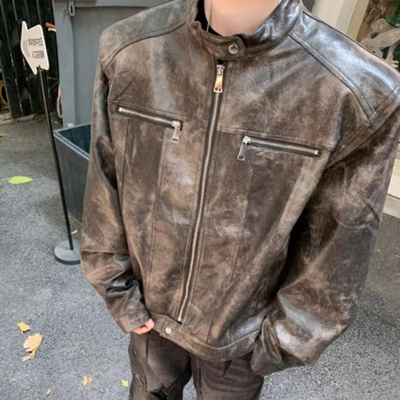 PU Leather Jackets New Fashion Tide Round Collar Male Zipper Make Old Reteo Male Jacket 2025 Spring Trend Men 9C9258