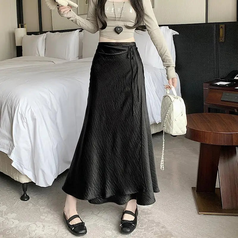 French Fashion Solid High Waist Lace-up Long Skirts 2025 Spring Summer Women Vacation Pleated Fishtail Skirt Simplicity Popular