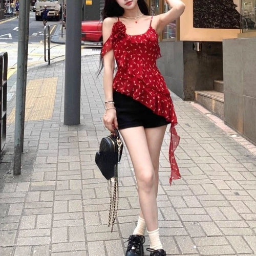 Load image into Gallery viewer, 2025 Shirts for Women Irregular Ruffles Tshirt Y2k Aesthetic One Shoulder Print Tops Summer Harajuku 3D Flower Grunge T-shirts
