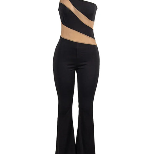 Load image into Gallery viewer, Sleeveless 2024 Summer New Diagonal Shoulder Sexy Mesh Panel Flare Pants Women Jumpsuit Elastic Tight Casual Jumpsuit
