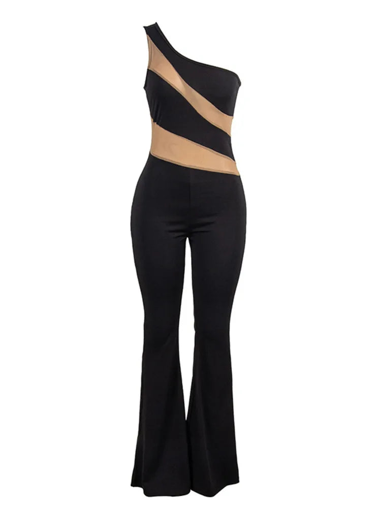 Sleeveless 2024 Summer New Diagonal Shoulder Sexy Mesh Panel Flare Pants Women Jumpsuit Elastic Tight Casual Jumpsuit