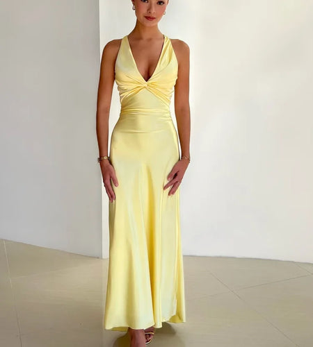 Elegant Sleeveless Satin Bodycon Long Dress Women Sexy Deep V Backless Evening Dress Female Slim Fit Party Club Vestidos