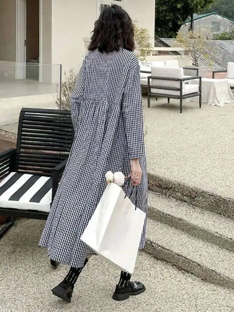 Women Black Plaid Pocket Vintage Big Size Midi Shirt Dress New Lapel Long Sleeve Fashion Tide Spring Autumn 2025 1DH6567
