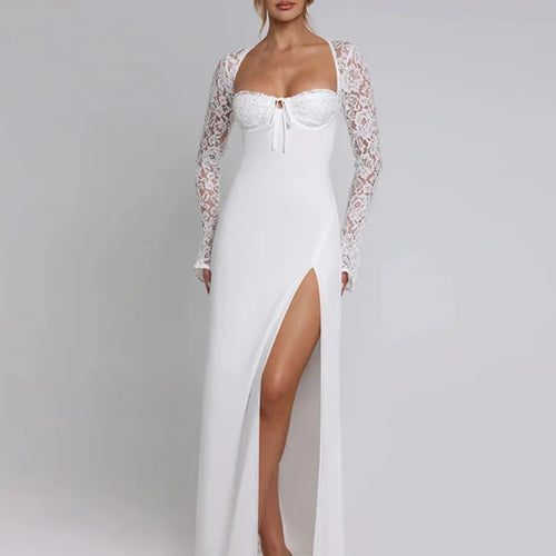 Load image into Gallery viewer, Lace Long Sleeve Sexy Maxi Dress Women Autumn New Square Collar Backless Lace-up High Split Sexy Club Party Long Dress
