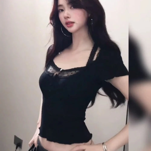 Load image into Gallery viewer, 2025 Summer Lace Patchwork Halter Tees  Women Y2k Aesthetic Sexy Hollow Out T-shirt Harajuku Grunge Cropped Bodycon Fairy Tops
