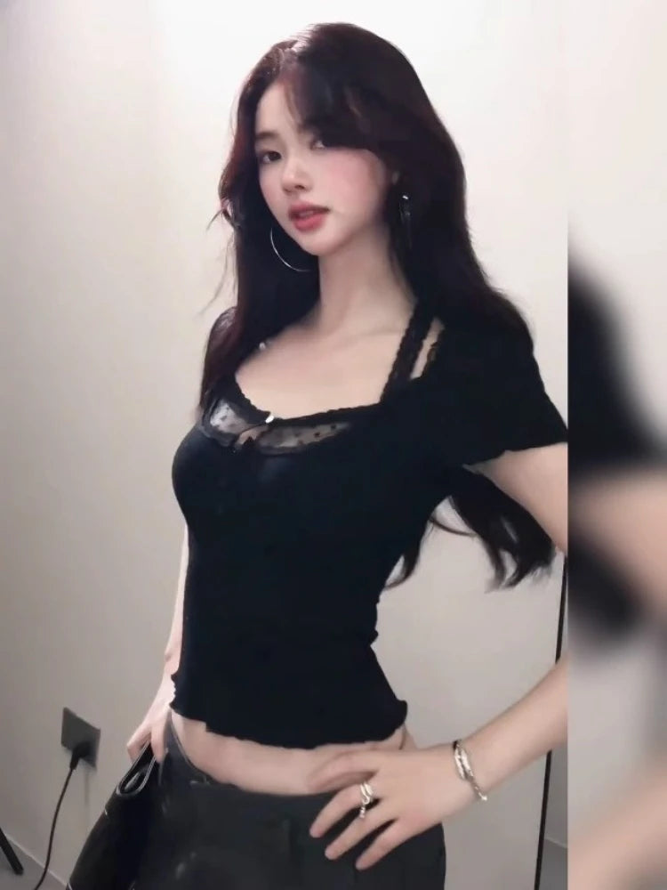 2025 Summer Lace Patchwork Halter Tees  Women Y2k Aesthetic Sexy Hollow Out T-shirt Harajuku Grunge Cropped Bodycon Fairy Tops