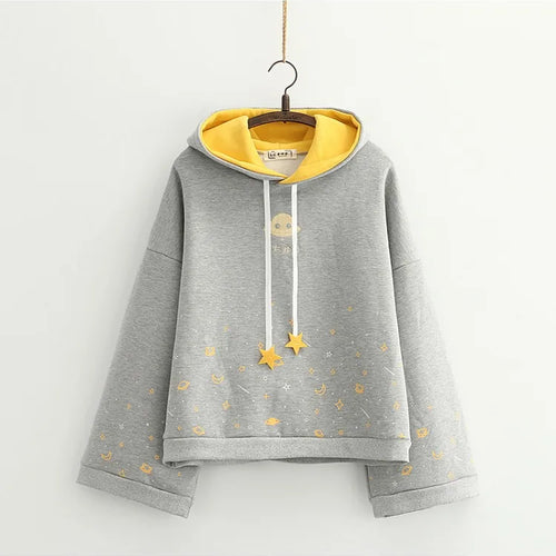 Load image into Gallery viewer, Winter Women Cartoon Embroidery Fleece Hoodies Sweatshirts Casual Flare Sleeve Tracksuits Female Hooded Pullover Warm Top
