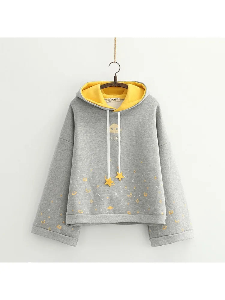 Winter Women Cartoon Embroidery Fleece Hoodies Sweatshirts Casual Flare Sleeve Tracksuits Female Hooded Pullover Warm Top