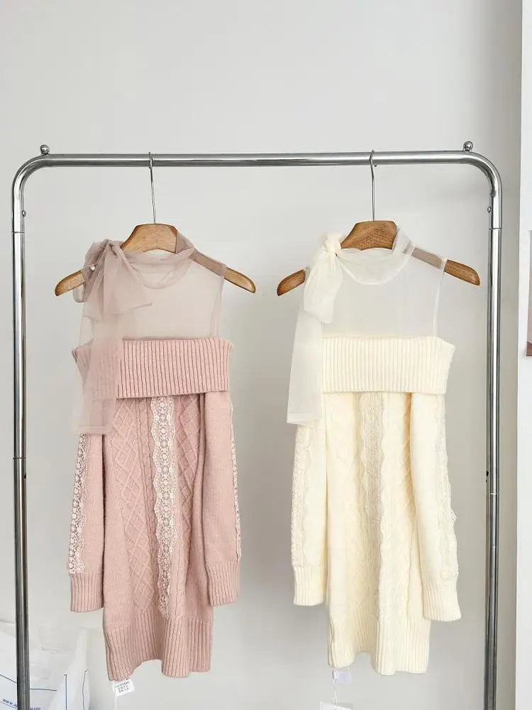 Autumn Winter Korean Pink Off Shoulder Slim Long Sleeve Bow Bandage Short Dress Women Beige Patchwork Lace Wrap Hip Knit Dresses