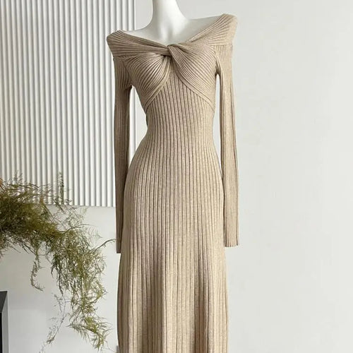 Load image into Gallery viewer, French Women's Autumn Winter White Elegant Slim Knitted Sweater Dress Khaki Red Long Sleeved Office Pleated Dress Fashion Simple
