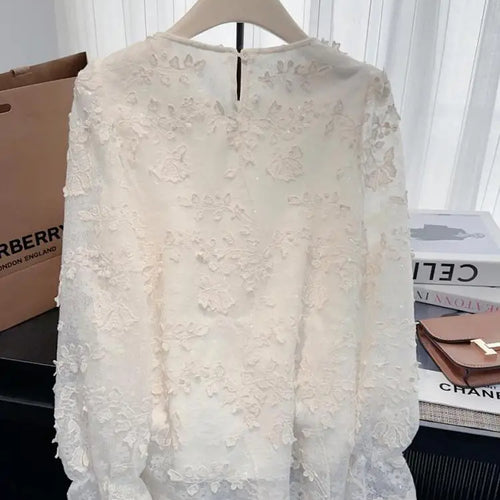 Load image into Gallery viewer, French Vintage Women White Lace Elegant Hollow Out Long Sleeve Shirt 2024 New Autumn Winter Pearl Round Neck Holiday Blouse Tops
