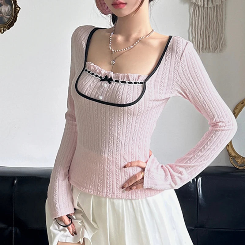 Sweet Korean Square Neck Slim Women T-shirts Bow Ruched Stitching Autumn Top Tee Coquette Clothes Girls Knitted Shirt