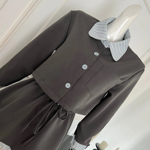 Load image into Gallery viewer, Vintage Women Autumn Gray Blue Striped Long Sleeved Single Breasted Top And High Waist Ruffles Pleated Short Skirt Two-piece Set
