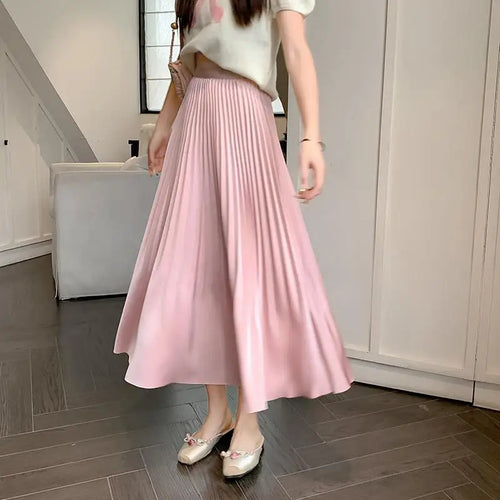 Load image into Gallery viewer, Spring Summer New Women Solid Office Elegant Long Skirt French Fashion High Waist Vacation Pleated Half Skirt Popular Streetwear
