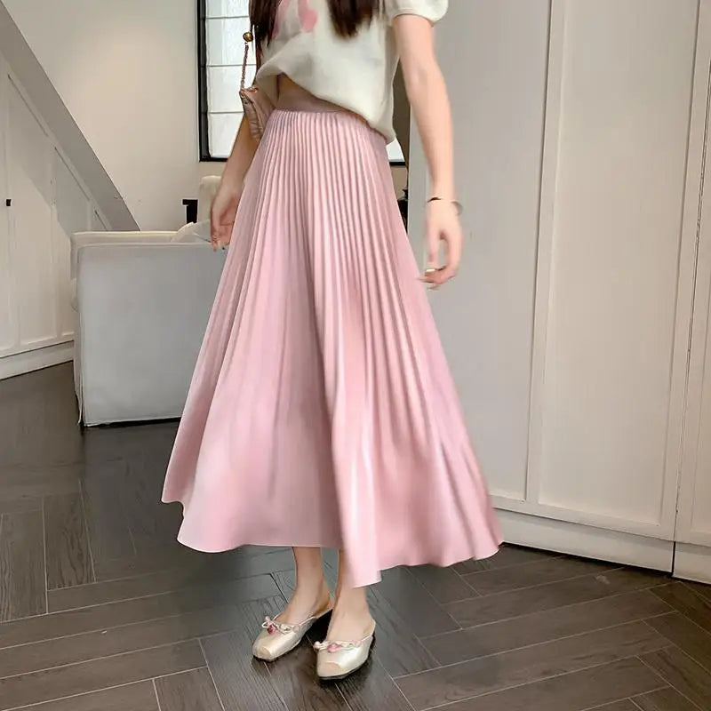 Spring Summer New Women Solid Office Elegant Long Skirt French Fashion High Waist Vacation Pleated Half Skirt Popular Streetwear