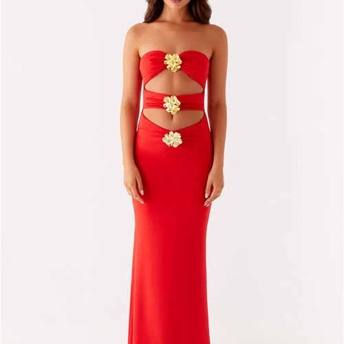 Load image into Gallery viewer, Metal Rose Hollow Out Sexy Maxi Dress Women Beach Holiday Gown Strapless Off-shoulder Backless Bodycon Club Long Dress
