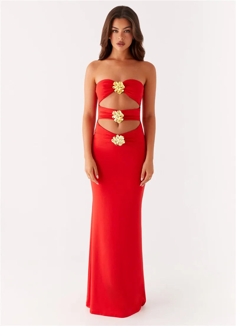 Metal Rose Hollow Out Sexy Maxi Dress Women Beach Holiday Gown Strapless Off-shoulder Backless Bodycon Club Long Dress