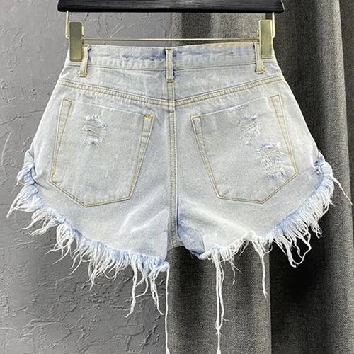 Load image into Gallery viewer, Hole Hollow Out Denim Shorts For Women High Waist Patchwork TASSEL Sexy Short Pants Female Fashion Clothing
