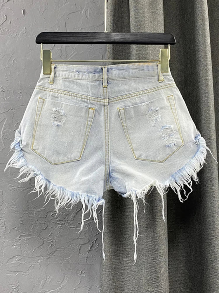 Hole Hollow Out Denim Shorts For Women High Waist Patchwork TASSEL Sexy Short Pants Female Fashion Clothing