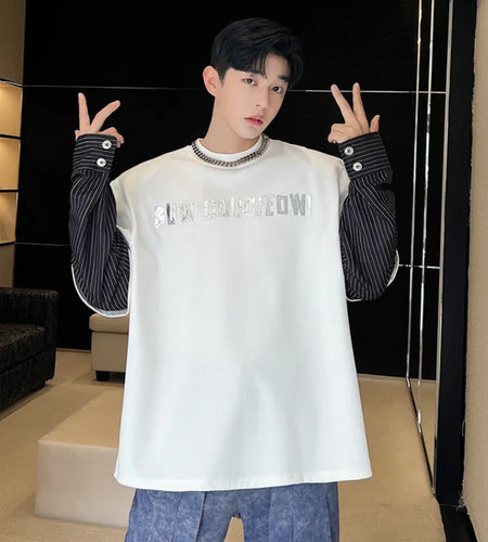Men's Sweatshirt New Korean Striped Top Fashion Long Sleeve Splicing Pyrographic Summer Loose Niche Male Clothing 9W1581