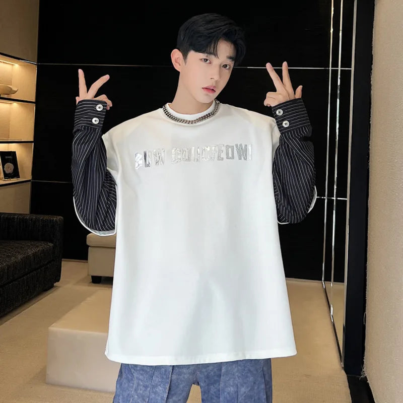 Men's Sweatshirt New Korean Striped Top Fashion Long Sleeve Splicing Pyrographic Summer Loose Niche Male Clothing 9W1581